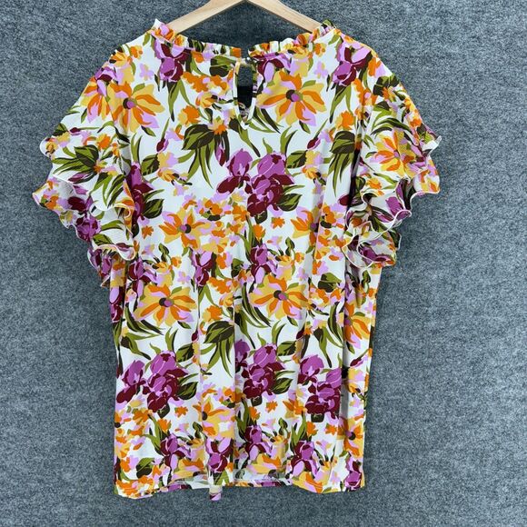 Cato Blouse Women 26/28W Plus White Floral Short Sleeve Round Neck Hook & Eye - Picture 2 of 7